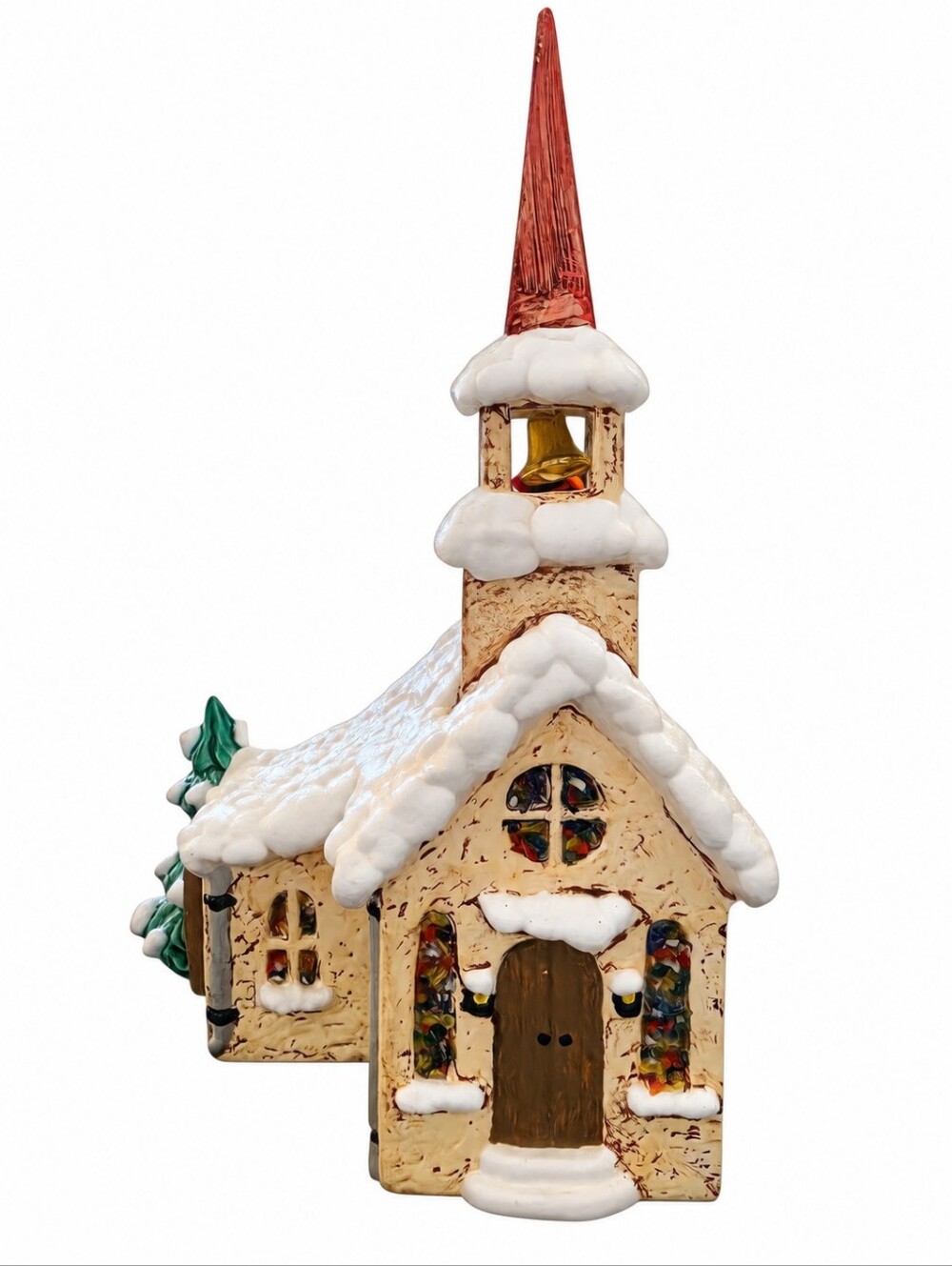 Festive Christmas Snow Covered Village Church House Decoration Beige and Red